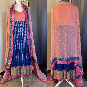Handmade Women Anarkali Dress Scarf Set Blue Pink Embroidered Sequin Formal